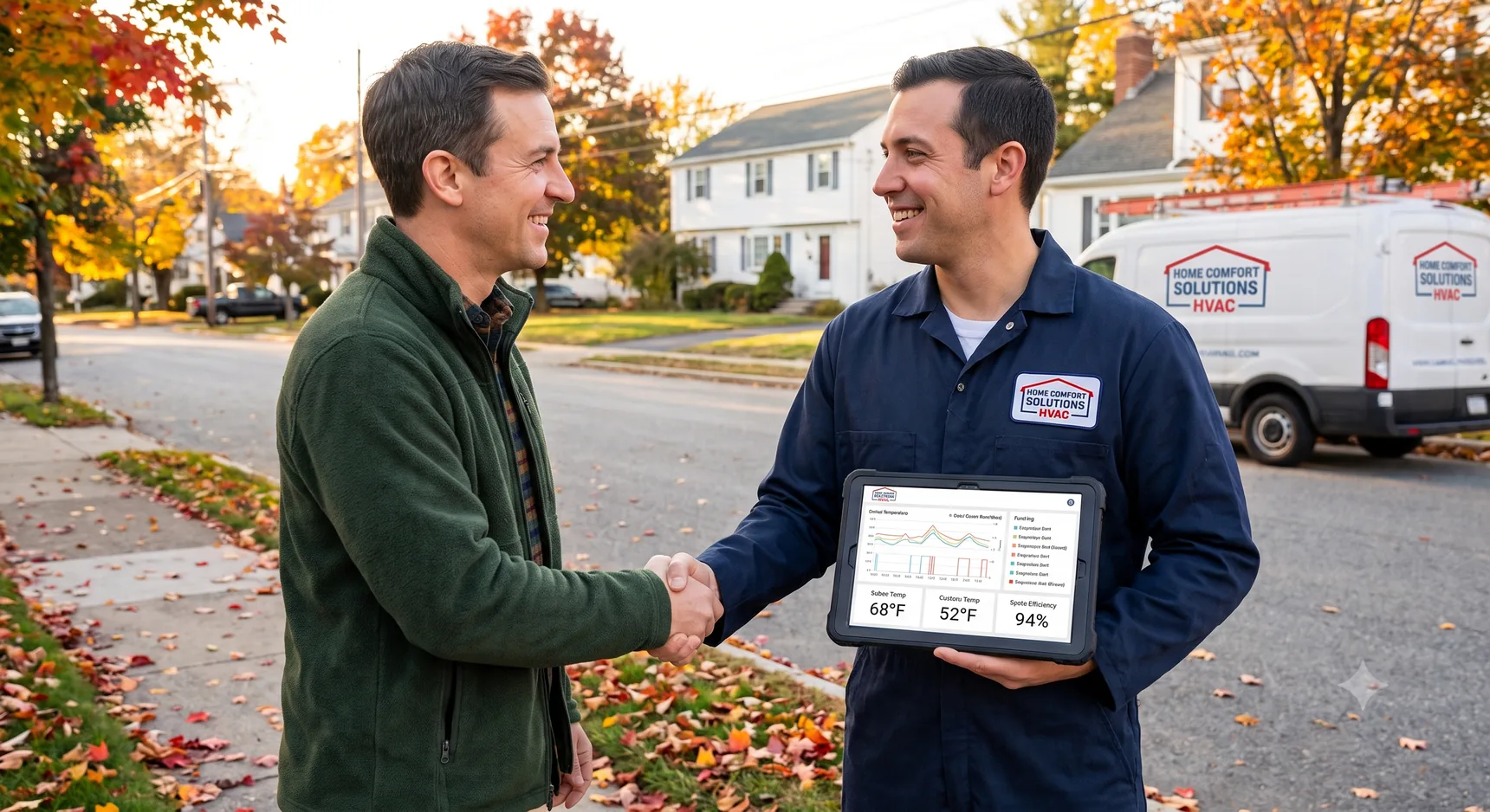 A smiling technician shakes hands with a homeowner on a leafy autumn street, holding a tablet showing the system's live dashboard, with the service company's van parked behind them.